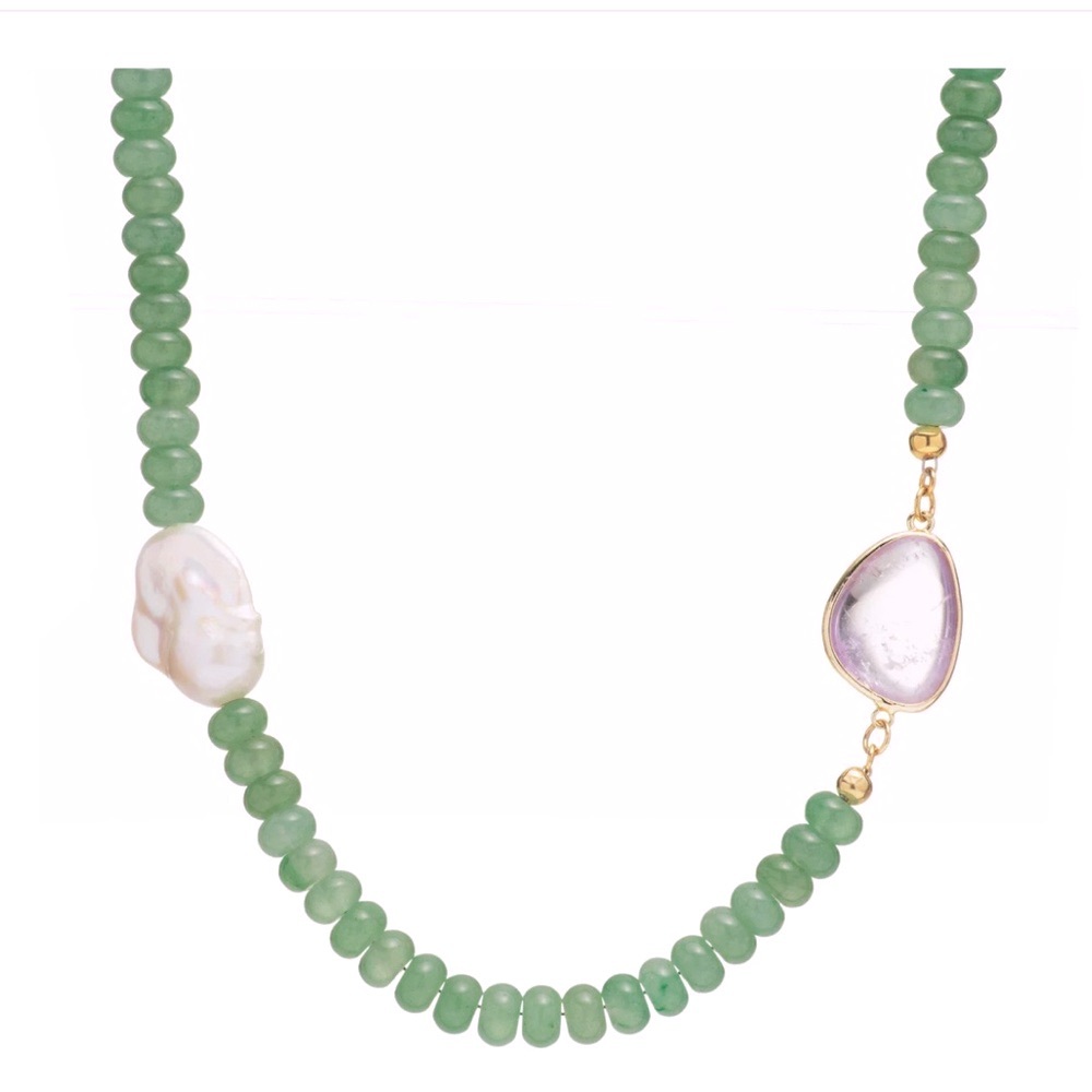 Freshwater Pearl, Genuine Aventurine and Quartz Stones Necklace